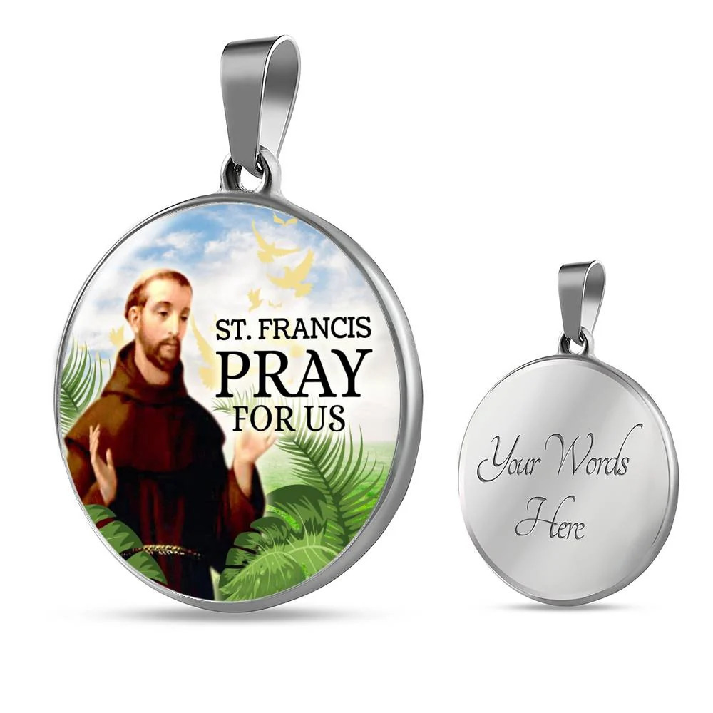 Catholic St. Francis Circle Pendant Necklace Stainless Steel 24 Inch Chain Silv